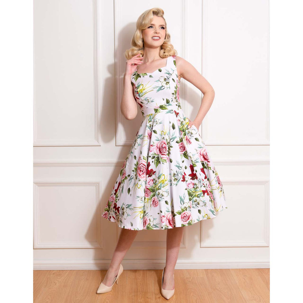 White Polka Dot & Red Rose Print Rockabilly 50s Swing Dress w/ Pockets –  Pretty Kitty Fashion