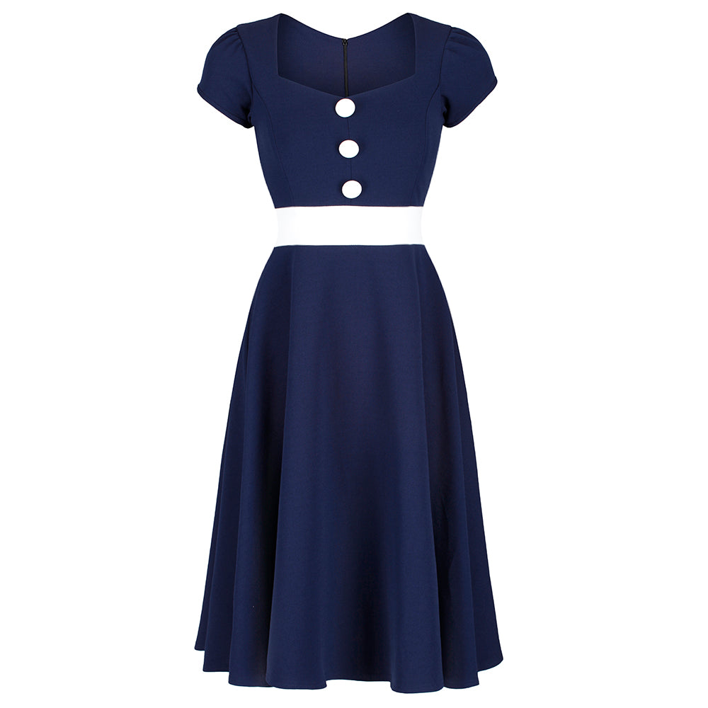 Navy Blue and White Nautical Inspired Rockabilly 50s Swing Dress - Pretty Kitty Fashion