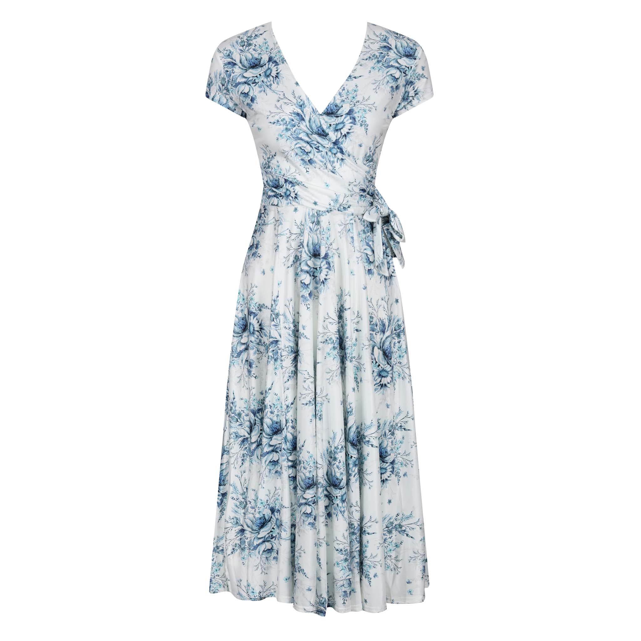White And Blue Floral Print Cap Sleeve Crossover Top Swing Dress ...
