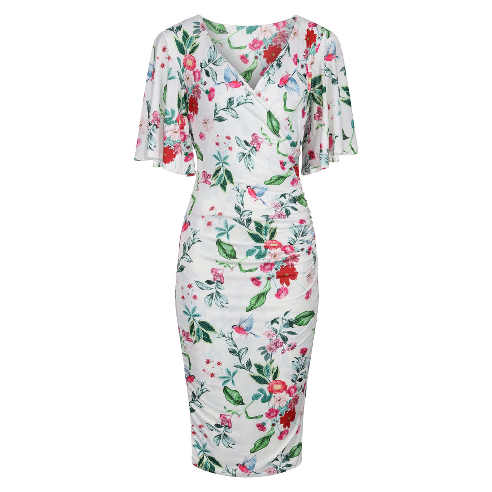 White And Red Floral Bird Butterfly Sleeve Slinky Pencil Cocktail Dress