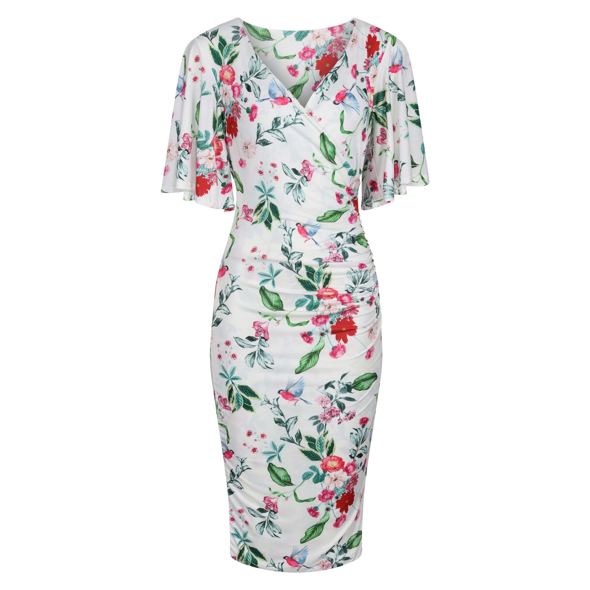 White And Red Floral Bird Butterfly Sleeve Slinky Pencil Cocktail Dress