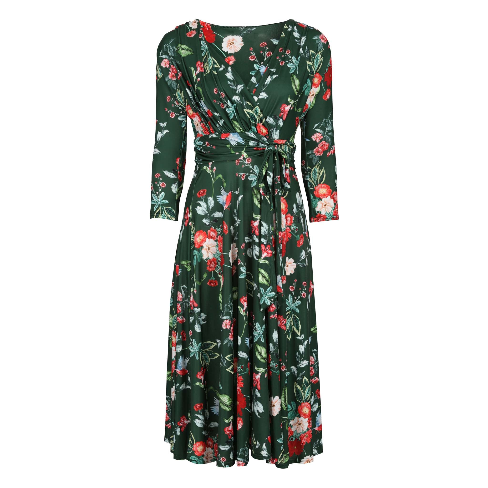 Green Floral & Bird Print 3/4 Sleeve V Neck Crossover Top Tea Dress