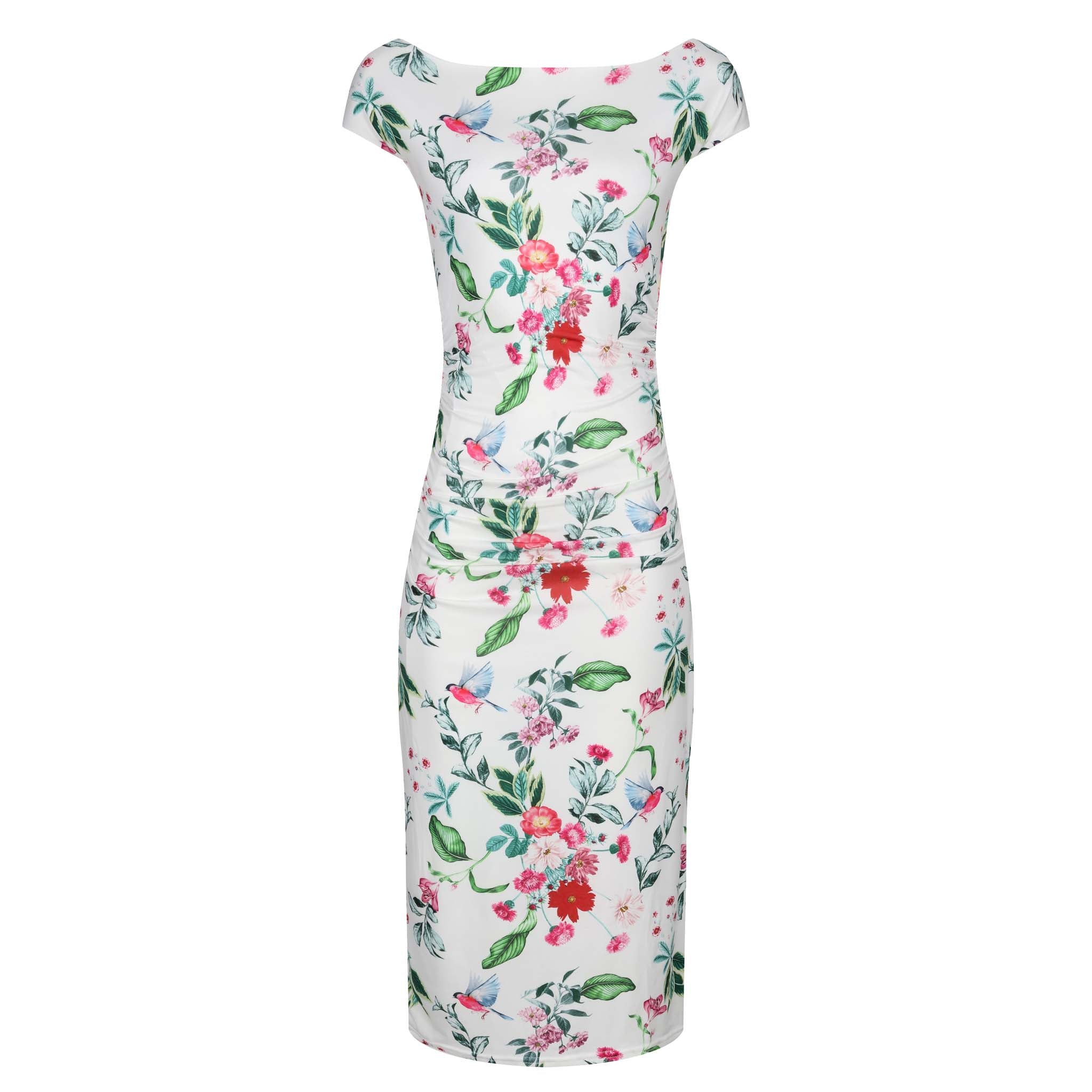 White Floral Print 40s Style Cap Sleeve Slinky Pencil Wiggle Dress