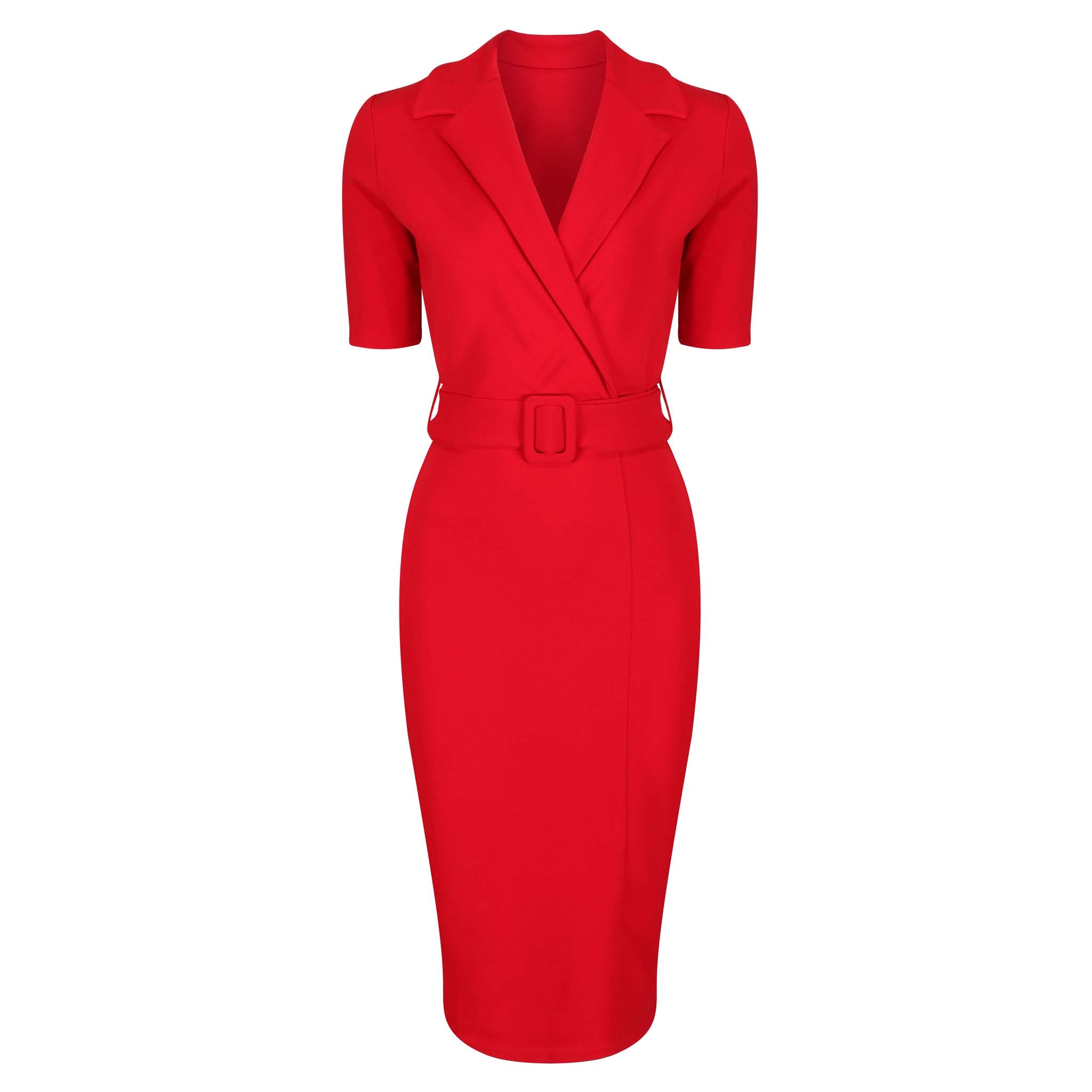 Red Belted Half Sleeve Collared Wiggle Office Dress