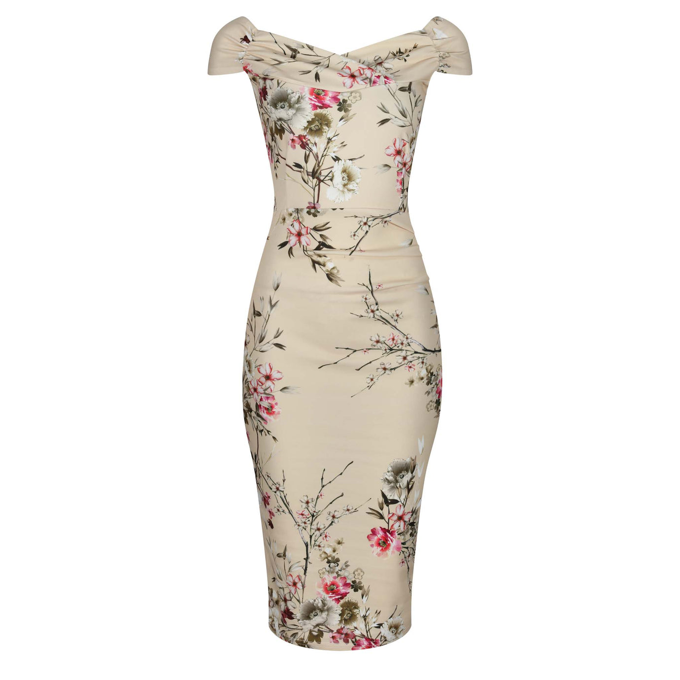 Yellow Floral Print Cap Sleeve Crossover Top Bardot Wiggle Dress - Pretty Kitty Fashion