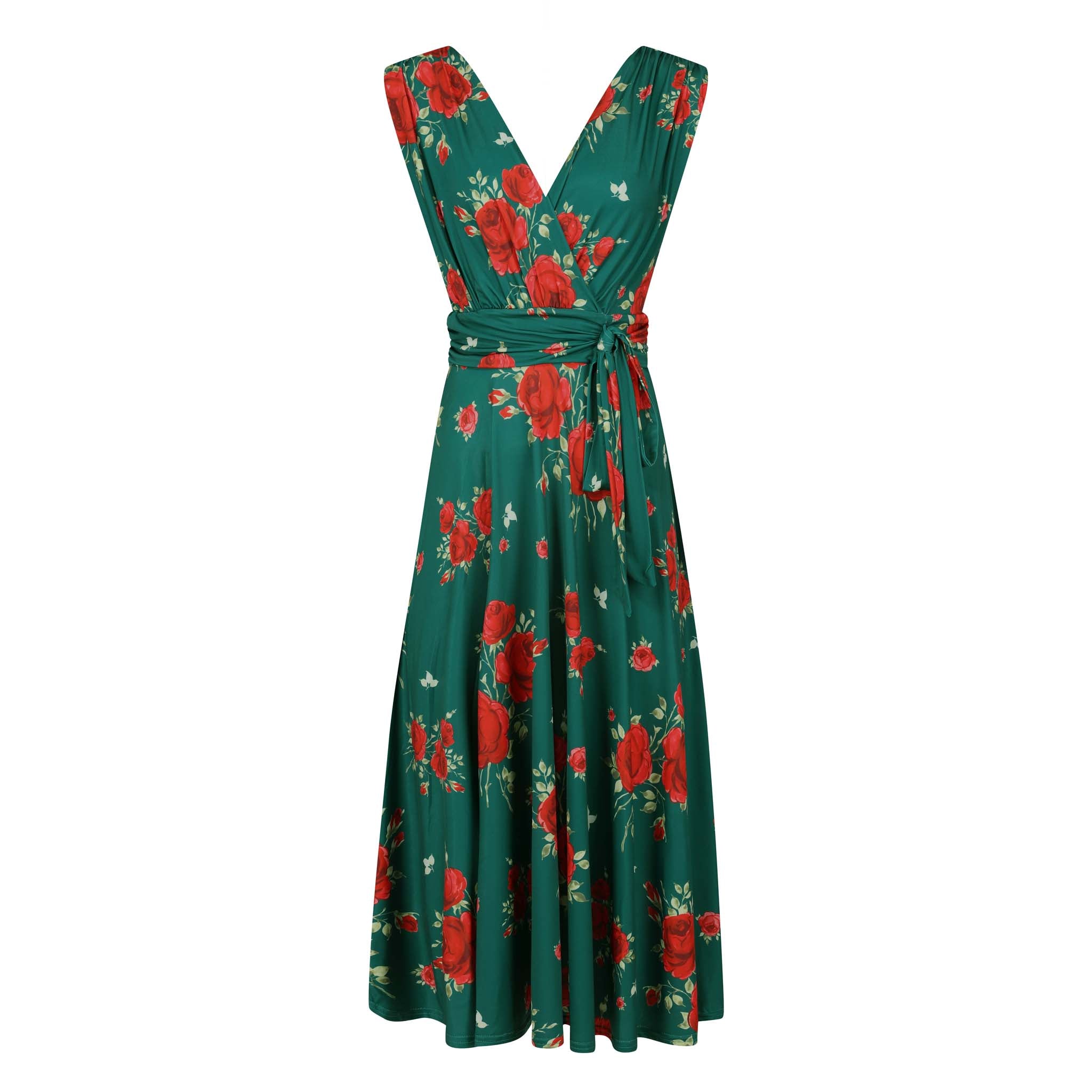 Green And Red Floral Print V Neck Crossover Top Empire Waist Swing Dress