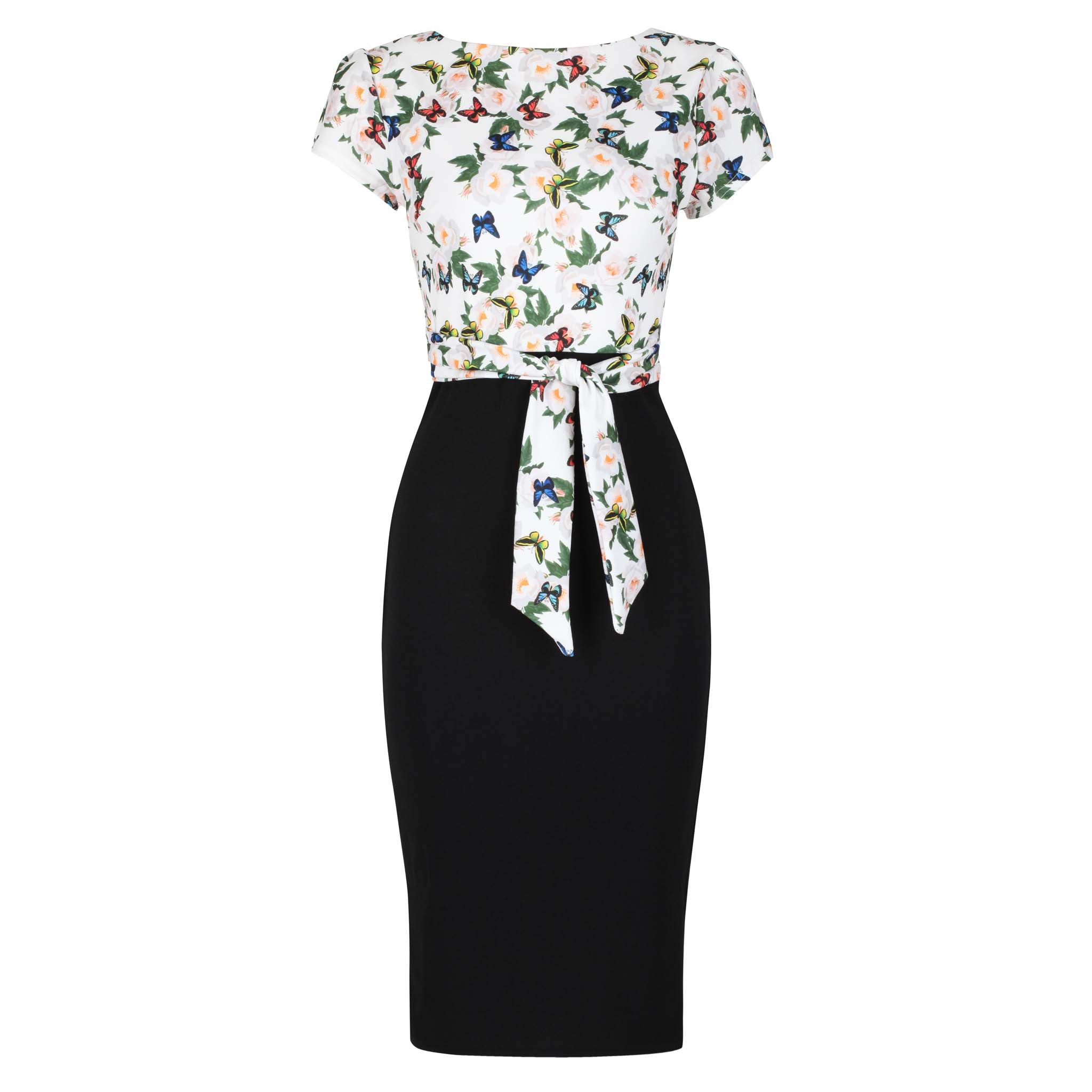 White Floral Butterfly Print Tie Front Bodycon Midi Dress