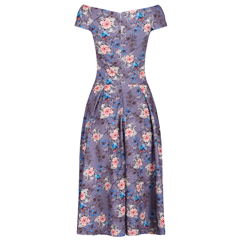 Mauve Floral Print Cap Sleeve Crossover Top 50s Swing Bardot Dress - Pretty Kitty Fashion