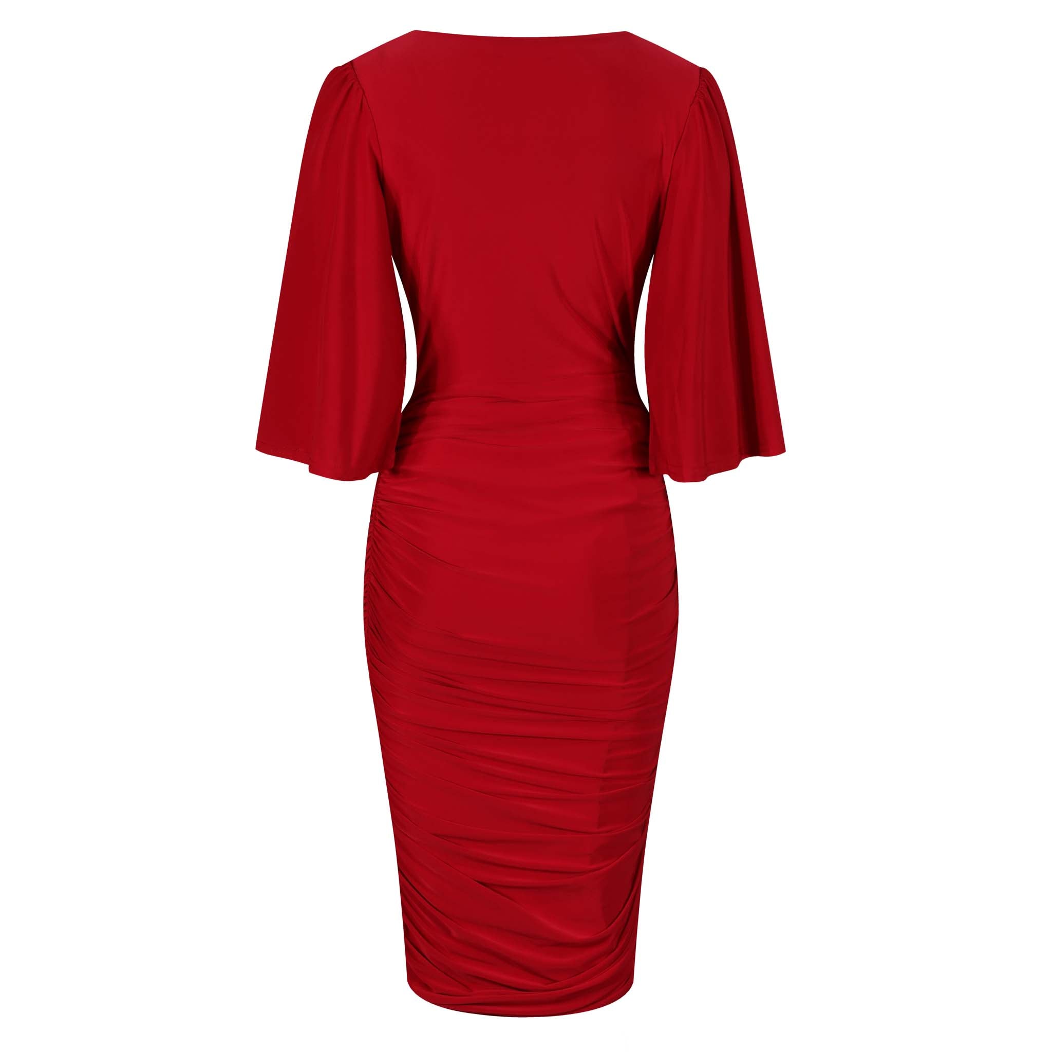 Red 3/4 Waterfall Sleeve Slinky Wrap Over Midi Dress