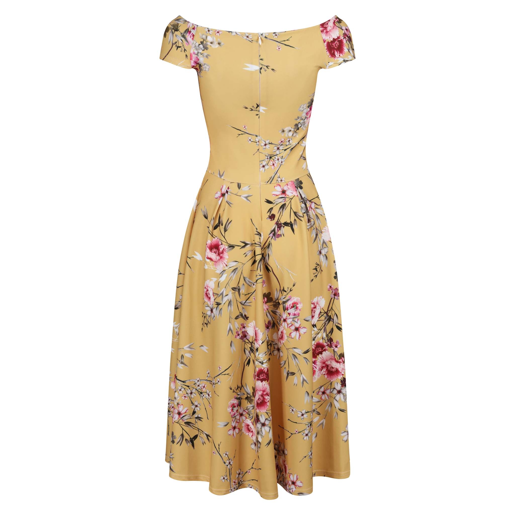 Mustard Yellow Floral Print Crossover Bardot 50s Swing Dress