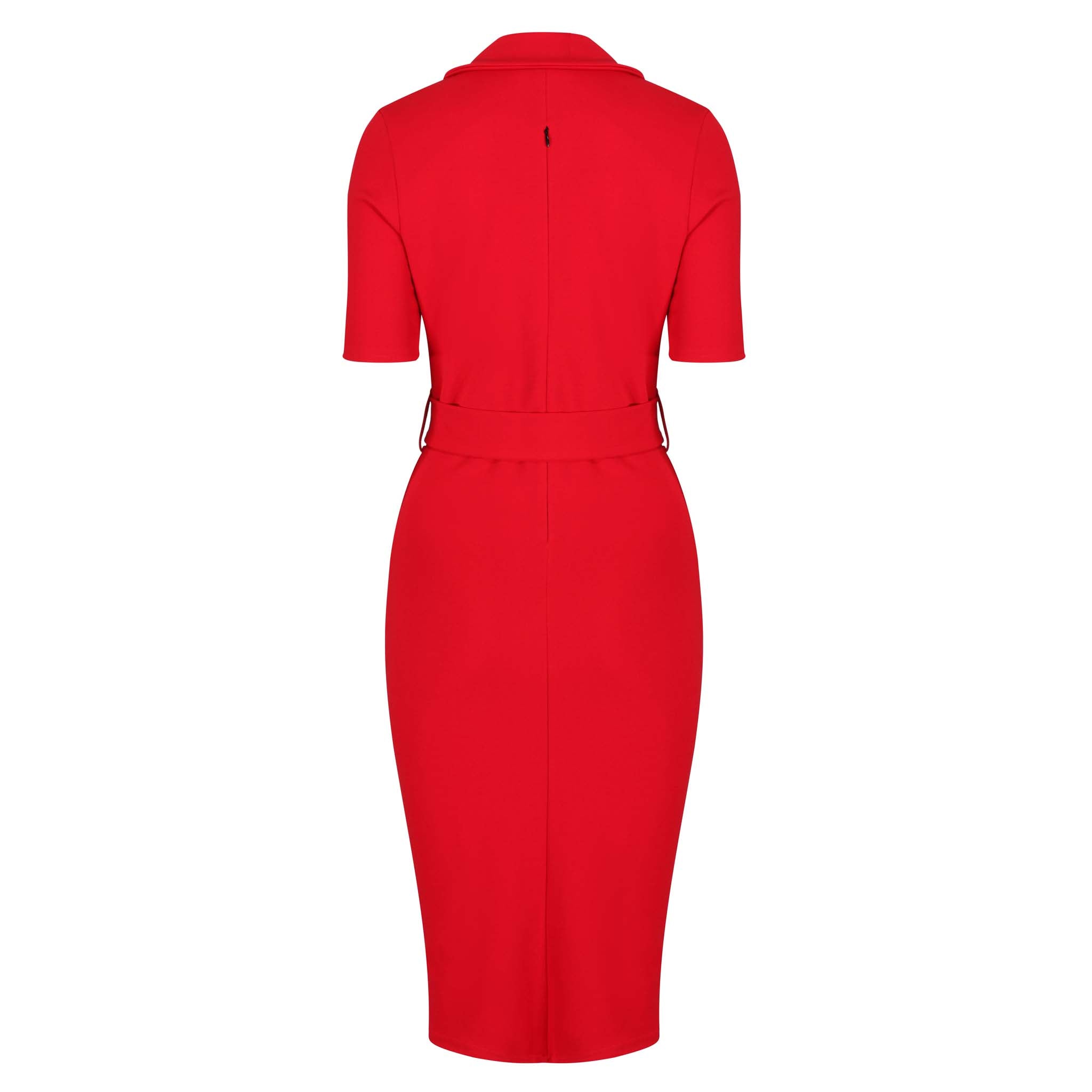 Red Belted Half Sleeve Collared Wiggle Office Dress
