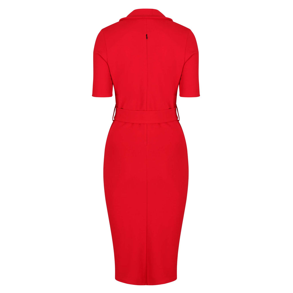 Red Belted Half Sleeve Collared Wiggle Office Dress