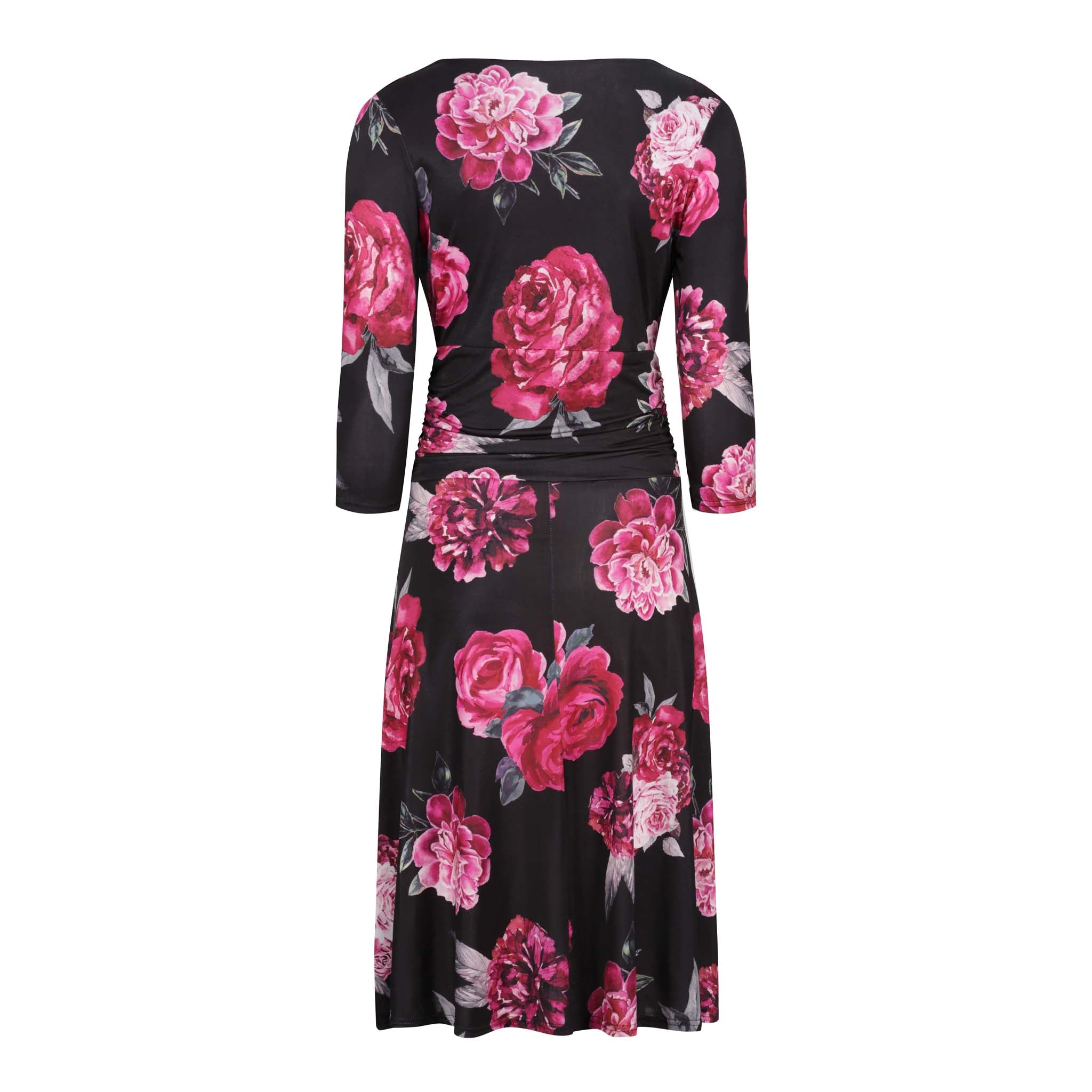 Black And Pink Floral Print Long Sleeve Wrap Effect Tea Dress