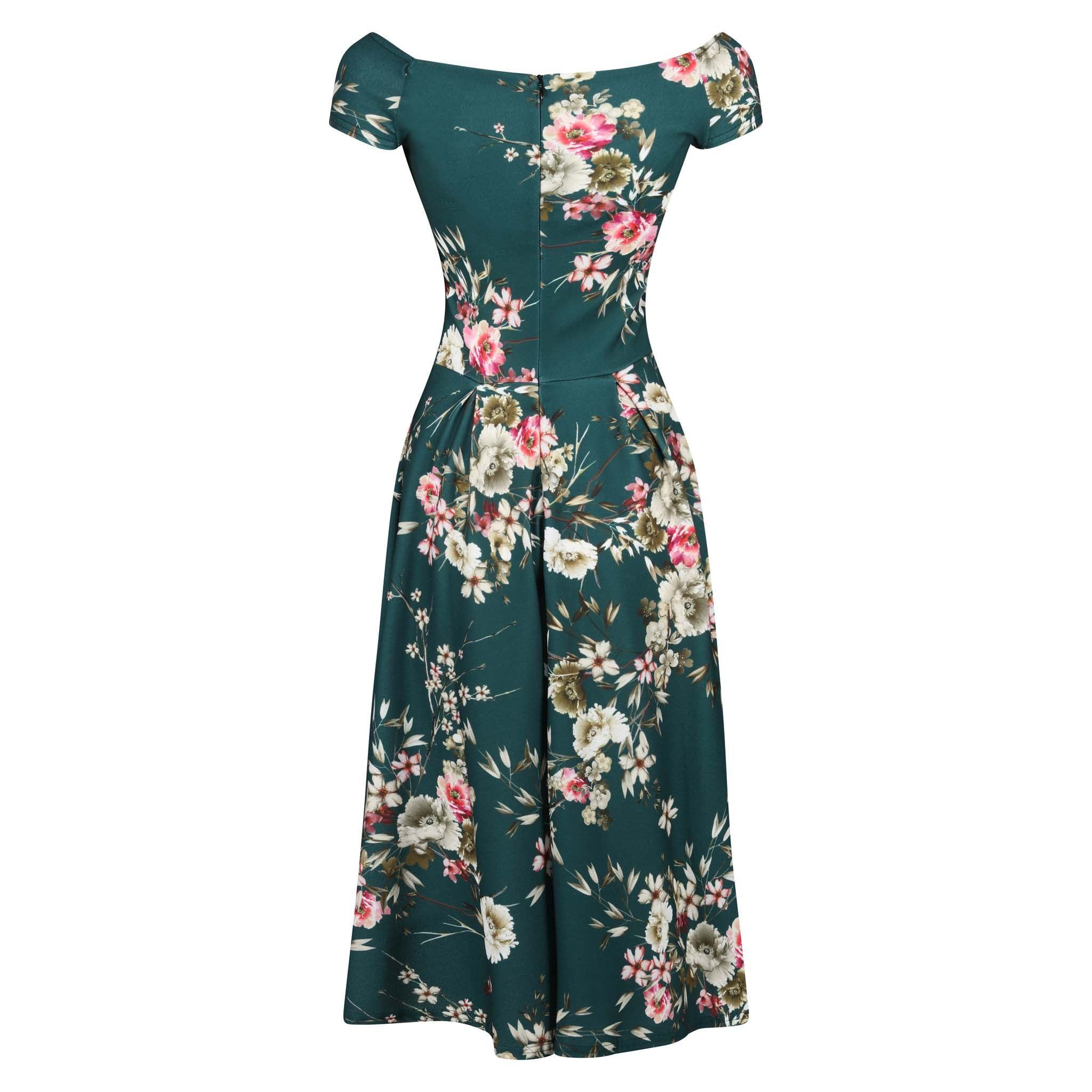 Green Floral Print Crossover Bardot 50s Swing Dress