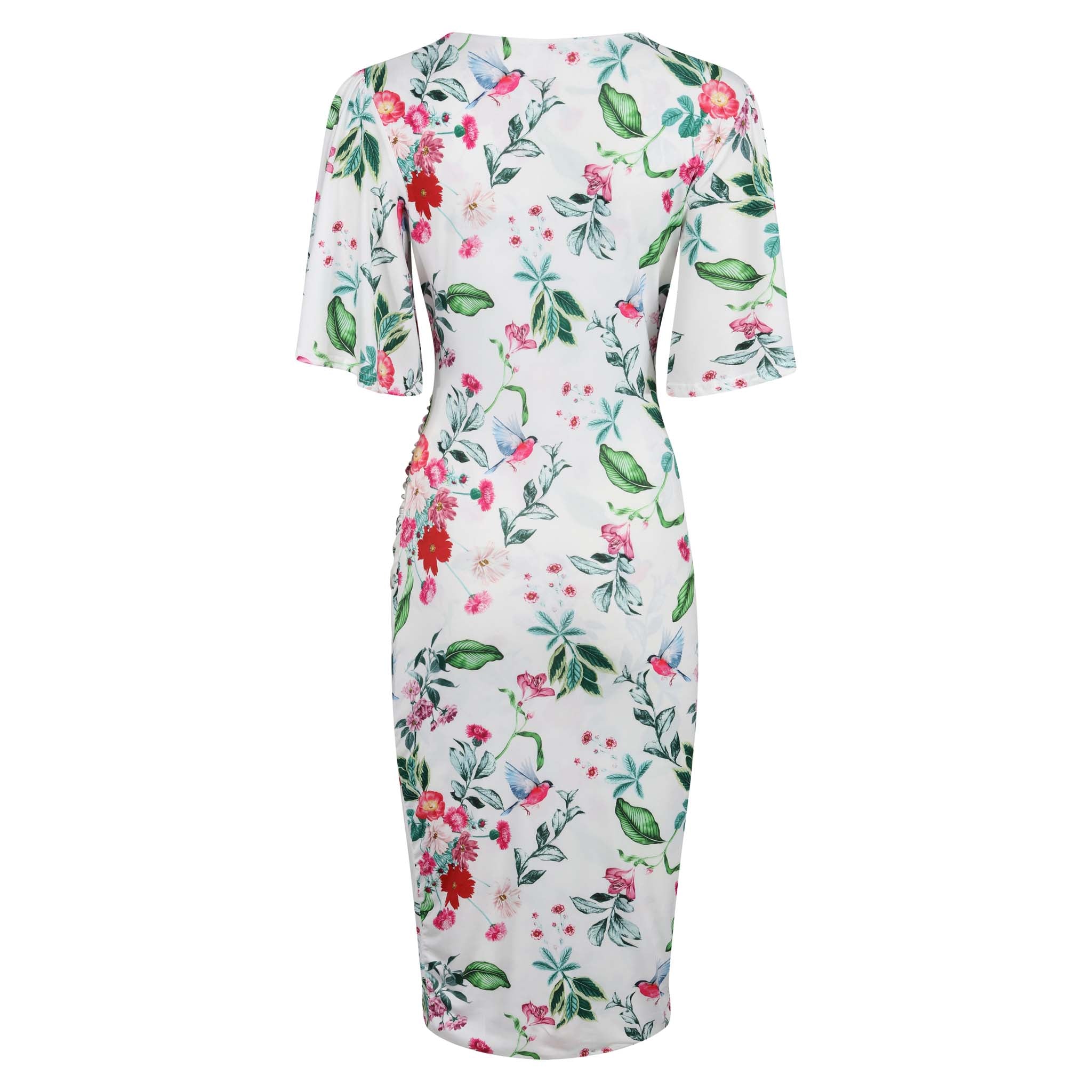 White And Red Floral Bird Butterfly Sleeve Slinky Pencil Cocktail Dress