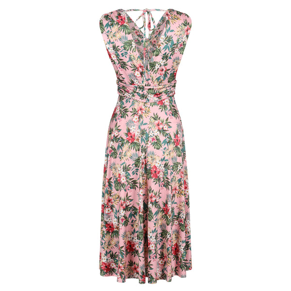 Pink Floral V Neck Crossover Top Empire Waist Swing Dress - Pretty ...