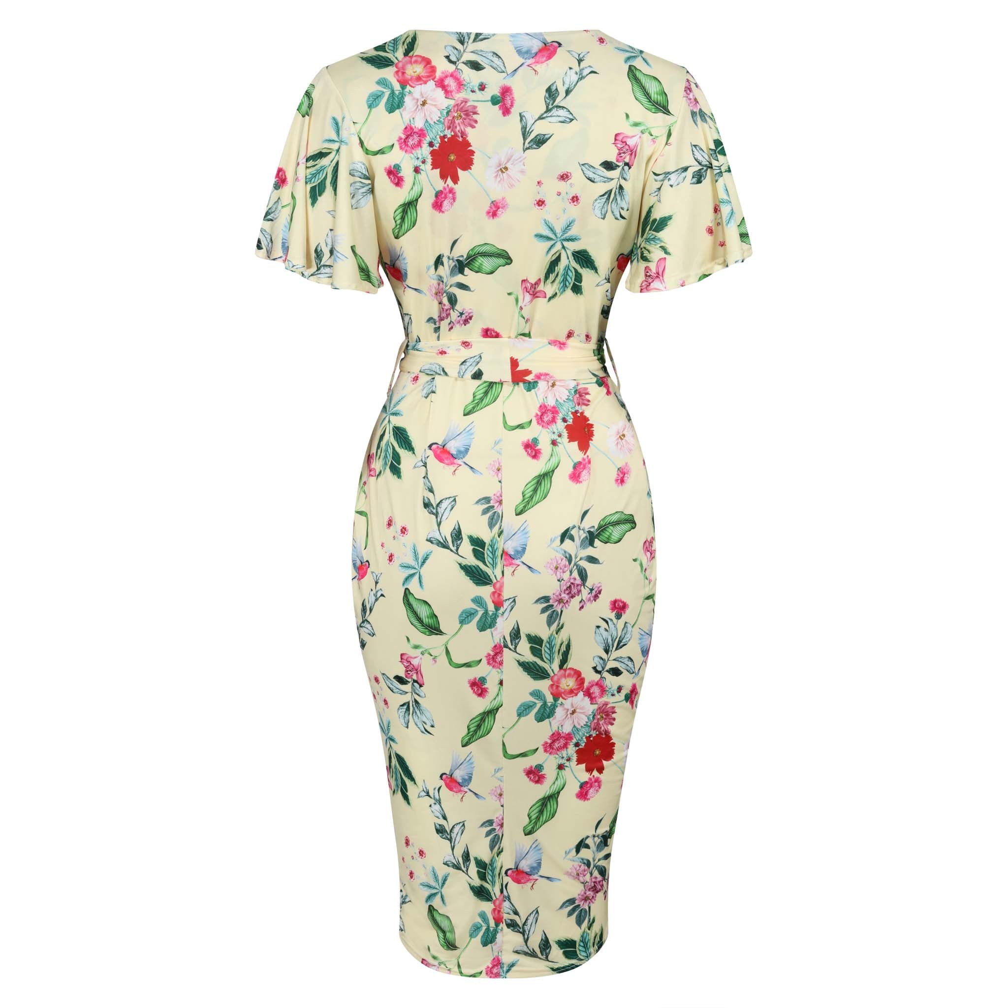 Pale Yellow Floral Print Waterfall Sleeve Crossover Pencil Dress