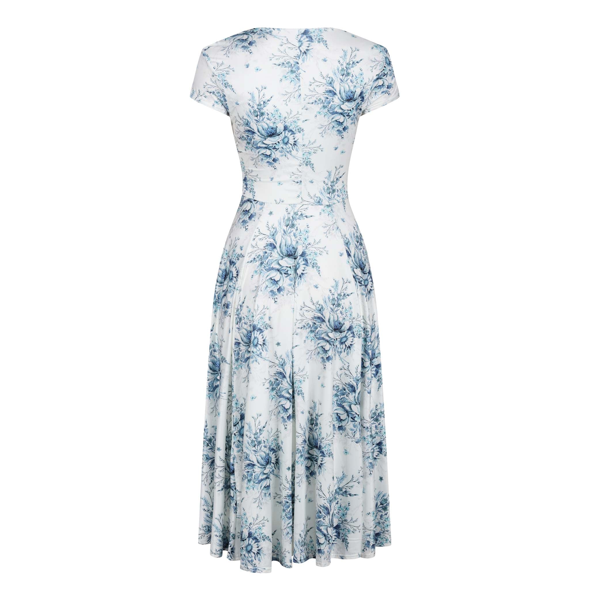 White And Blue Floral Print Cap Sleeve Crossover Top Swing Dress