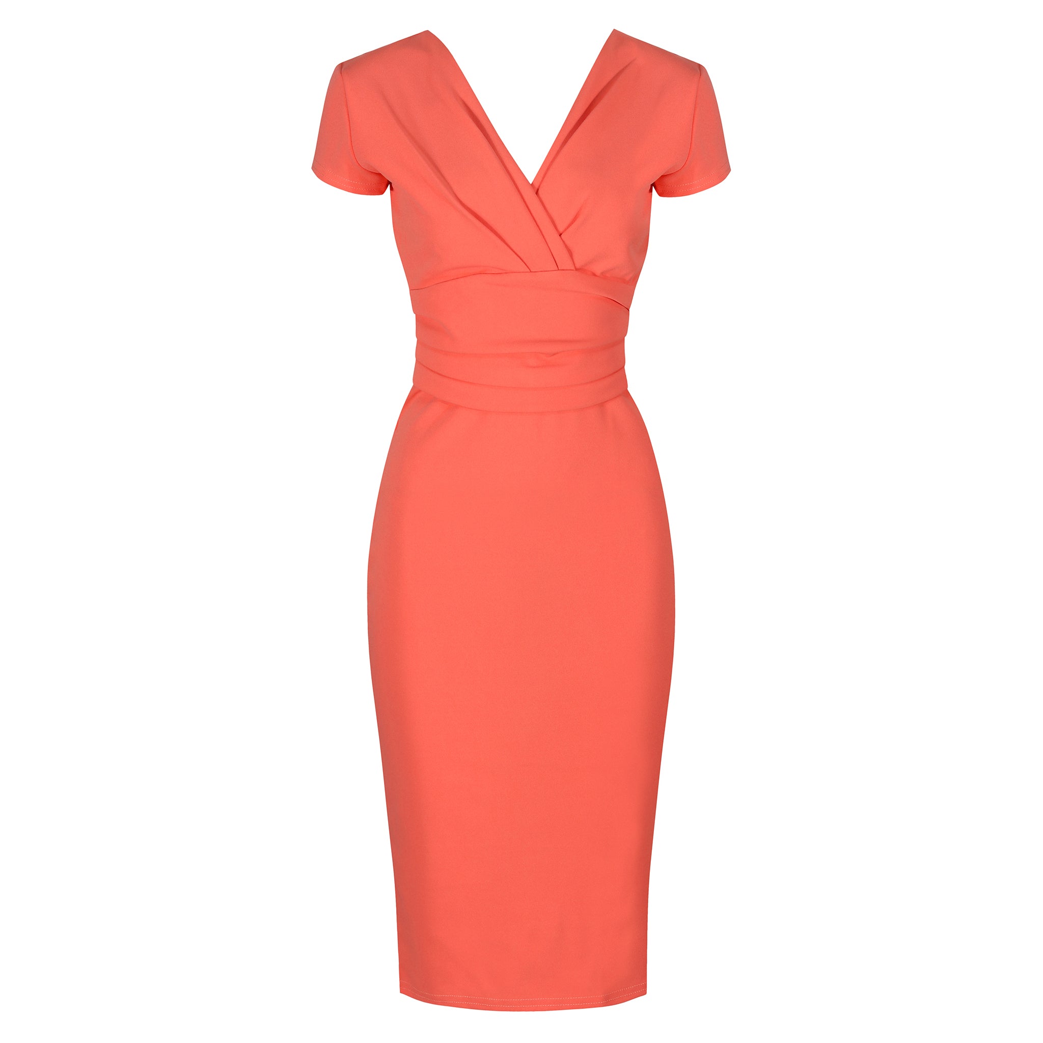 Coral Deep V Cap Sleeve Bodycon Ruched Waist Wiggle Dress