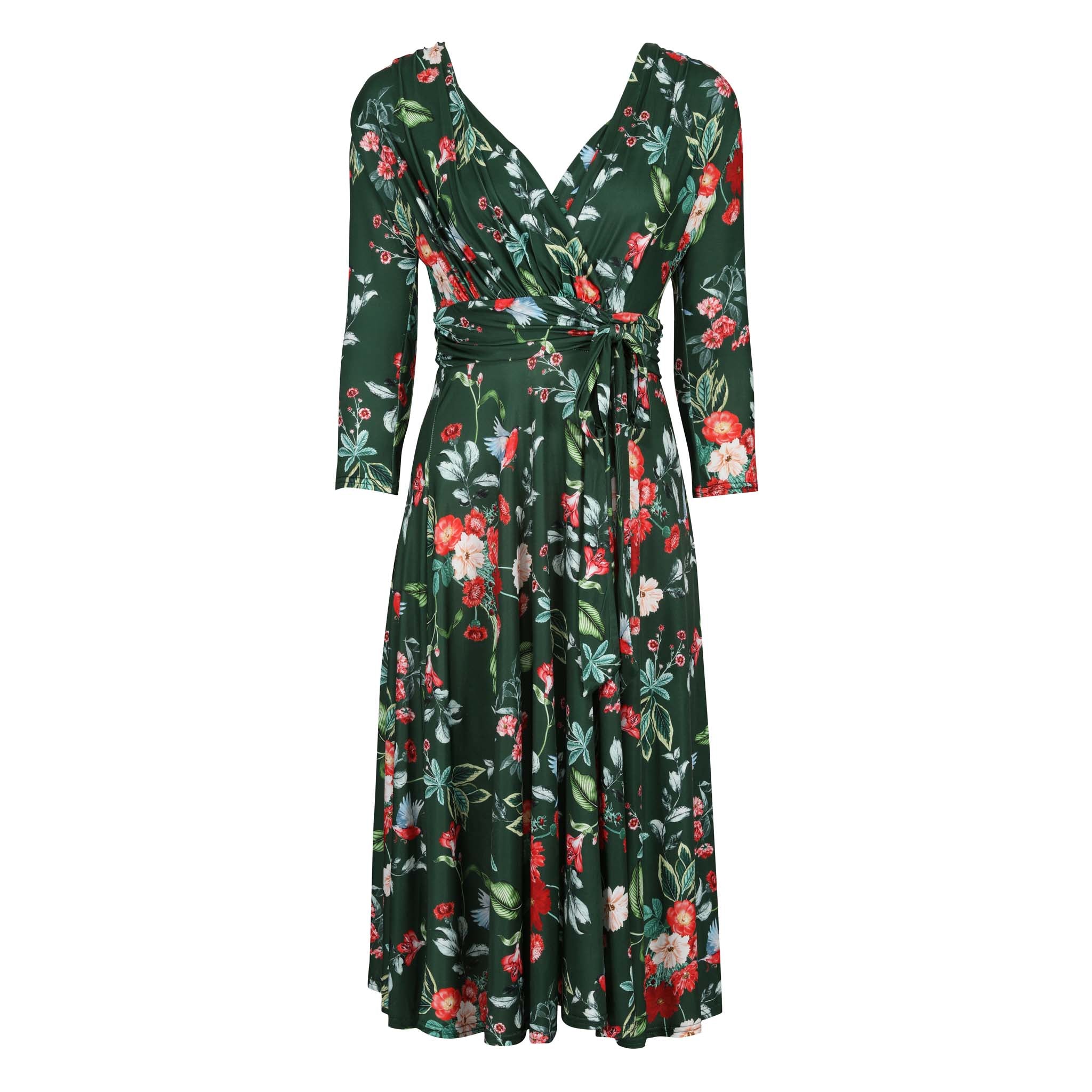 Green Floral & Bird Print 3/4 Sleeve V Neck Crossover Top Tea Dress