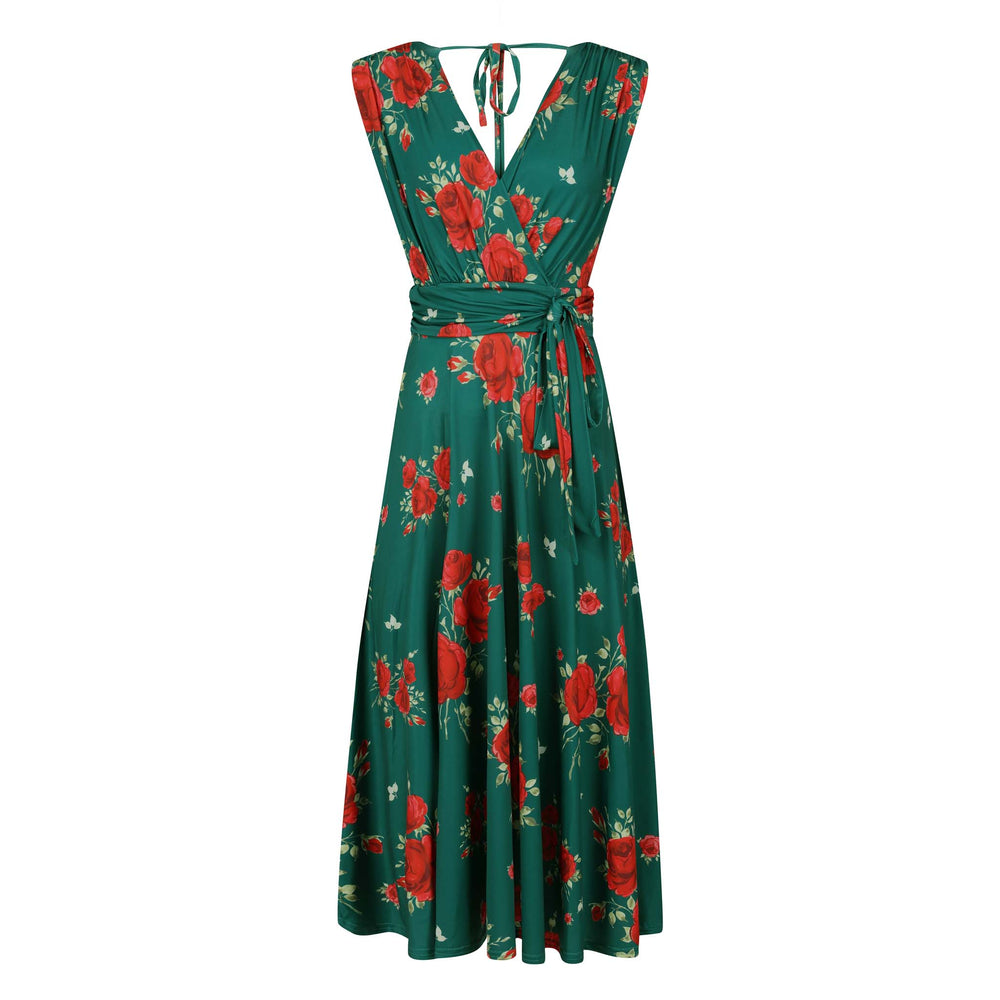 Green And Red Floral Print V Neck Crossover Top Empire Waist Swing Dress
