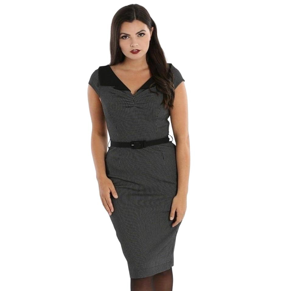 Black And White Pinstripe Belted Office Pencil Dress