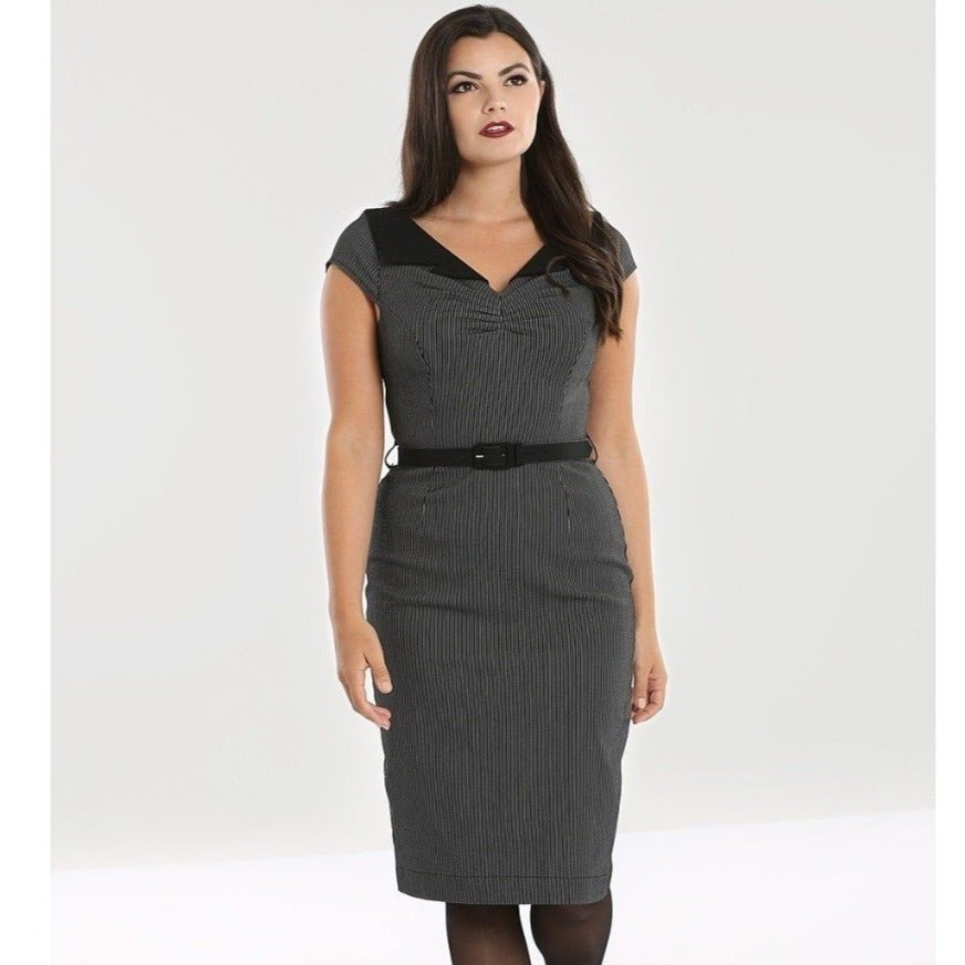 Black And White Pinstripe Belted Office Pencil Dress