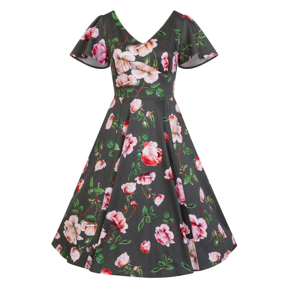 Sage Green Floral Print Cap Sleeve Rockabilly 50s Swing Tea Dress - Pretty Kitty Fashion