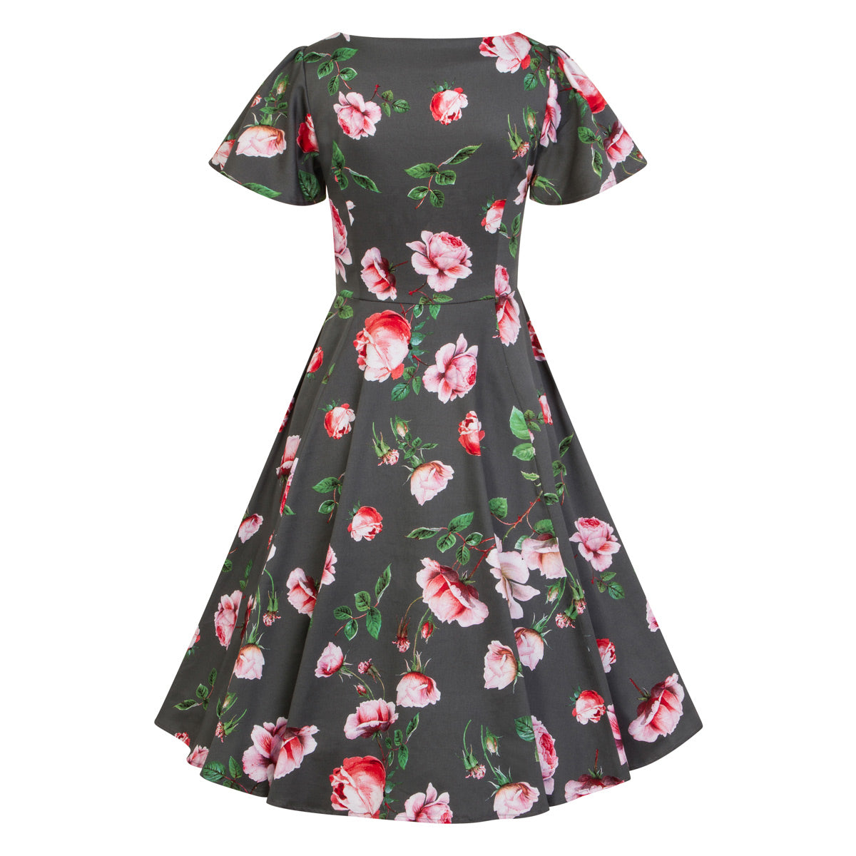 Sage Green Floral Print Cap Sleeve Rockabilly 50s Swing Tea Dress - Pretty Kitty Fashion