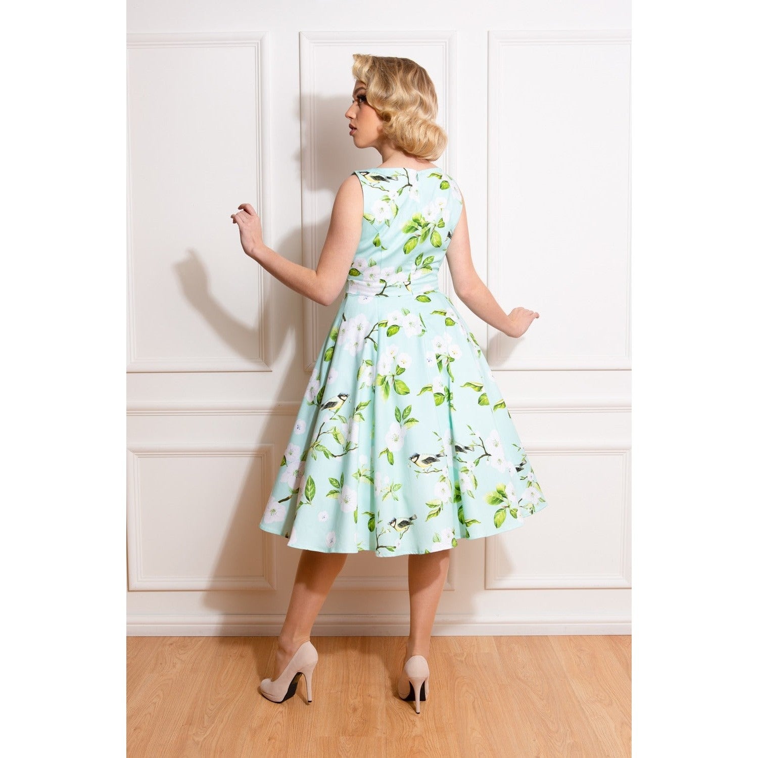 Light Mint Green Floral Print Sleeveless 50s Summer Swing Dress