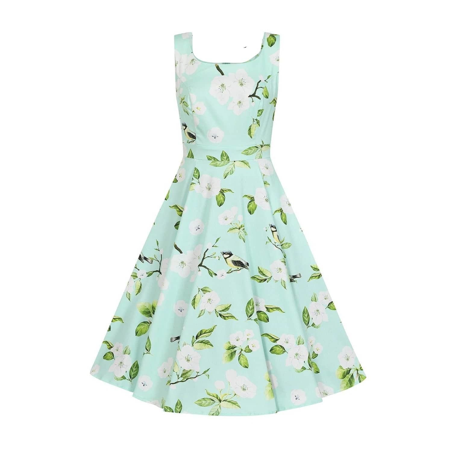 Light Mint Green Floral Print Sleeveless 50s Summer Swing Dress