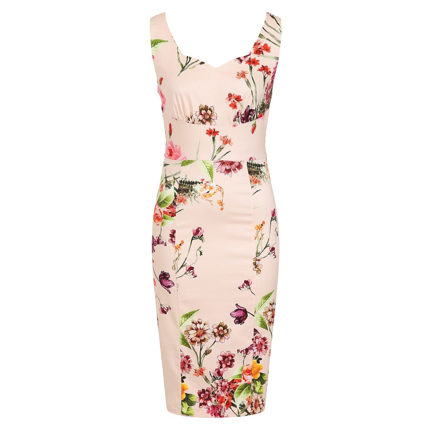 Pink Floral Print Sweetheart Neckline Wiggle Dress