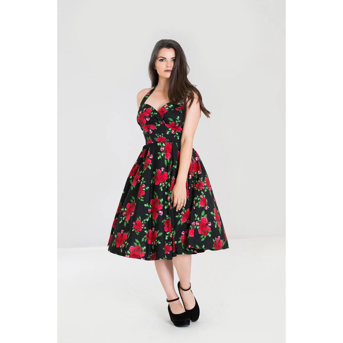 Black and Red Roses Vintage 50s Halterneck Rockabilly Dress