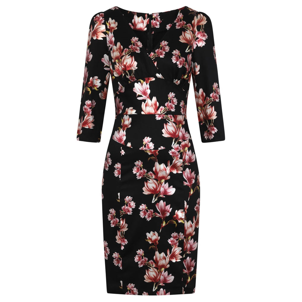 Black And Metallic Magnolia Print 3/4 Sleeve 50s Wiggle Dress - Pretty Kitty Fashion