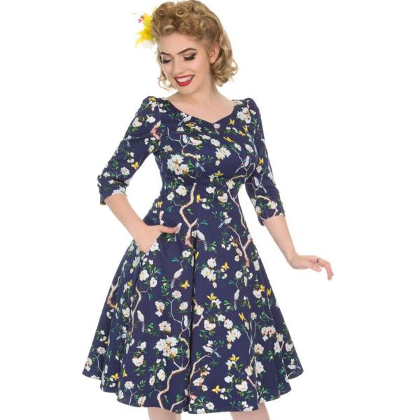 Navy Blue Bird and Floral Print 3/4 Sleeve 50s Swing Dress - Pretty Kitty Fashion