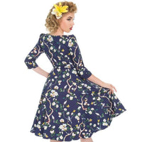 Navy Blue Bird and Floral Print 3/4 Sleeve 50s Swing Dress - Pretty Kitty Fashion