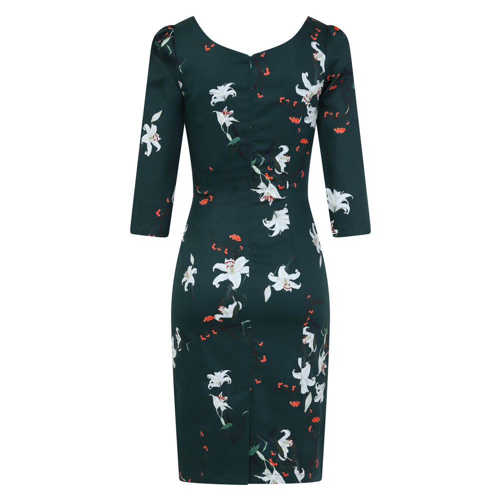 Dark Green Floral Print 3/4 Sleeve Empire Waist Pencil Wiggle Dress - Pretty Kitty Fashion