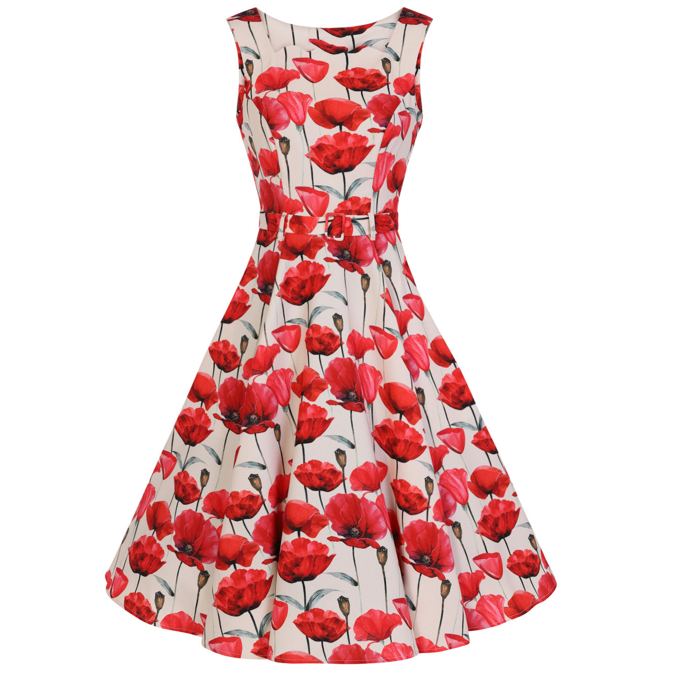 Off White Red Poppy Vintage Belted 1950s Swing Dress - Pretty Kitty Fashion