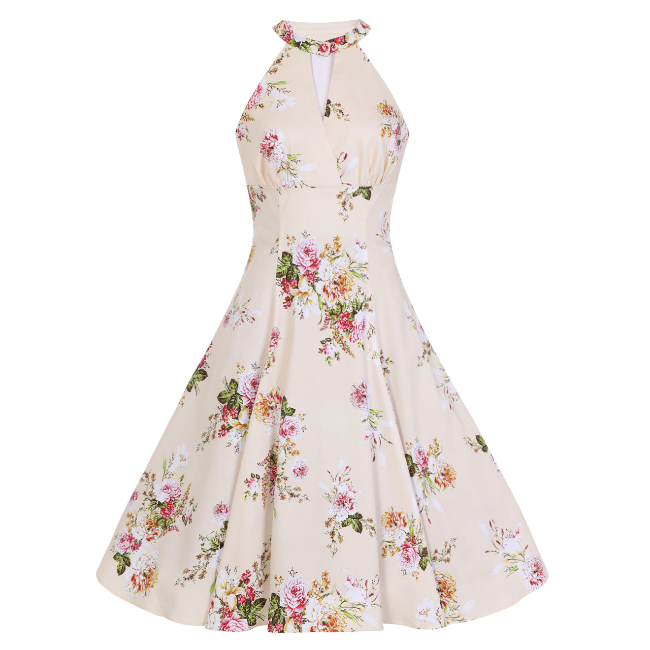 Cream And Floral Print Halter Neck 50s Swing Dress - Pretty Kitty Fashion