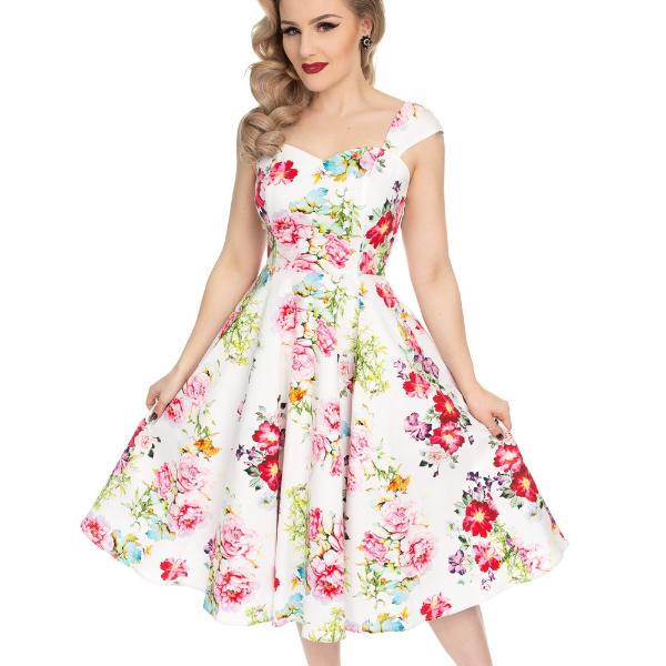 White Floral Rose Print Vintage 50s Capped Sleeve Swing Pinup Dress - Pretty Kitty Fashion