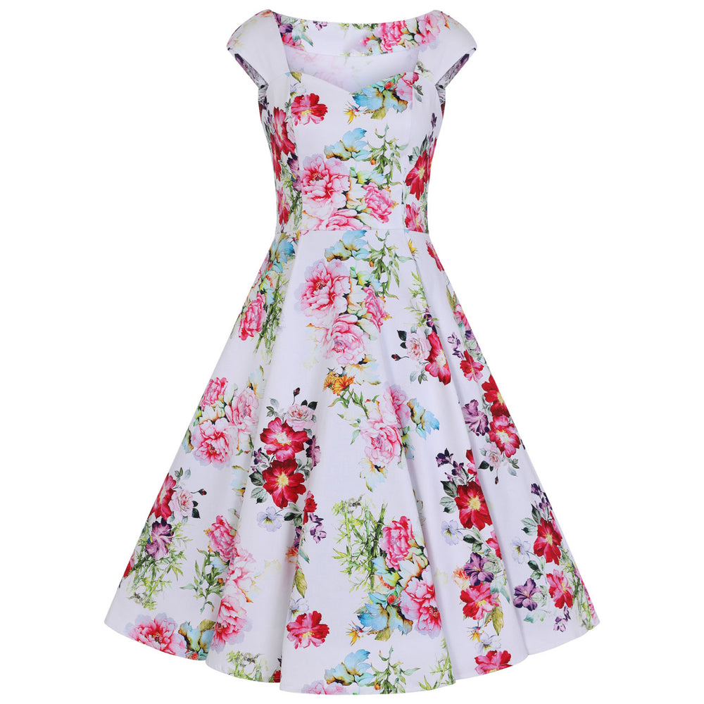 White Floral Rose Print Vintage 50s Capped Sleeve Swing Pinup Dress - Pretty Kitty Fashion