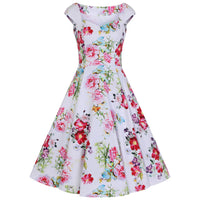 White Floral Rose Print Vintage 50s Capped Sleeve Swing Pinup Dress - Pretty Kitty Fashion