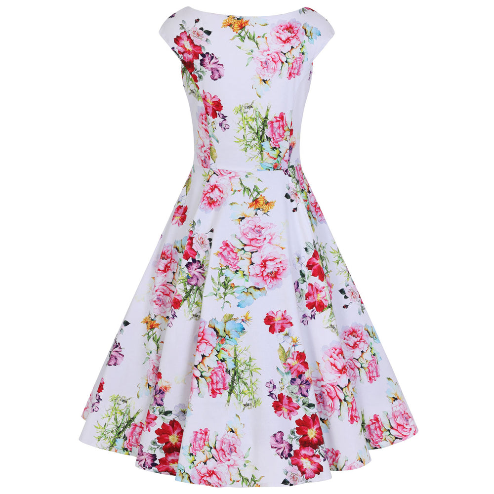 White Floral Rose Print Vintage 50s Capped Sleeve Swing Pinup Dress - Pretty Kitty Fashion