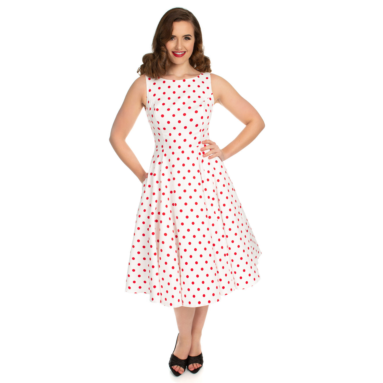 White and Red Polka Dot 50s Audrey Swing Dress - Pretty Kitty Fashion
