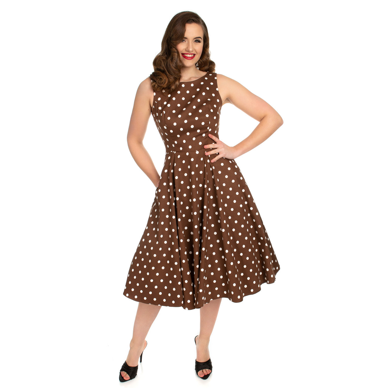Chocolate Brown And White Polka Dot 50s Audrey Swing Dress - Pretty Kitty Fashion