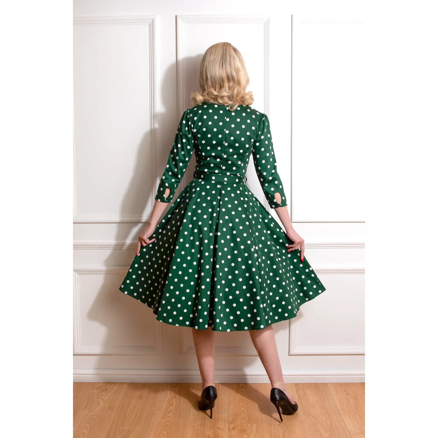 Green And White Polka Dot Vintage 50s 3/4 Sleeve Swing Dress  by