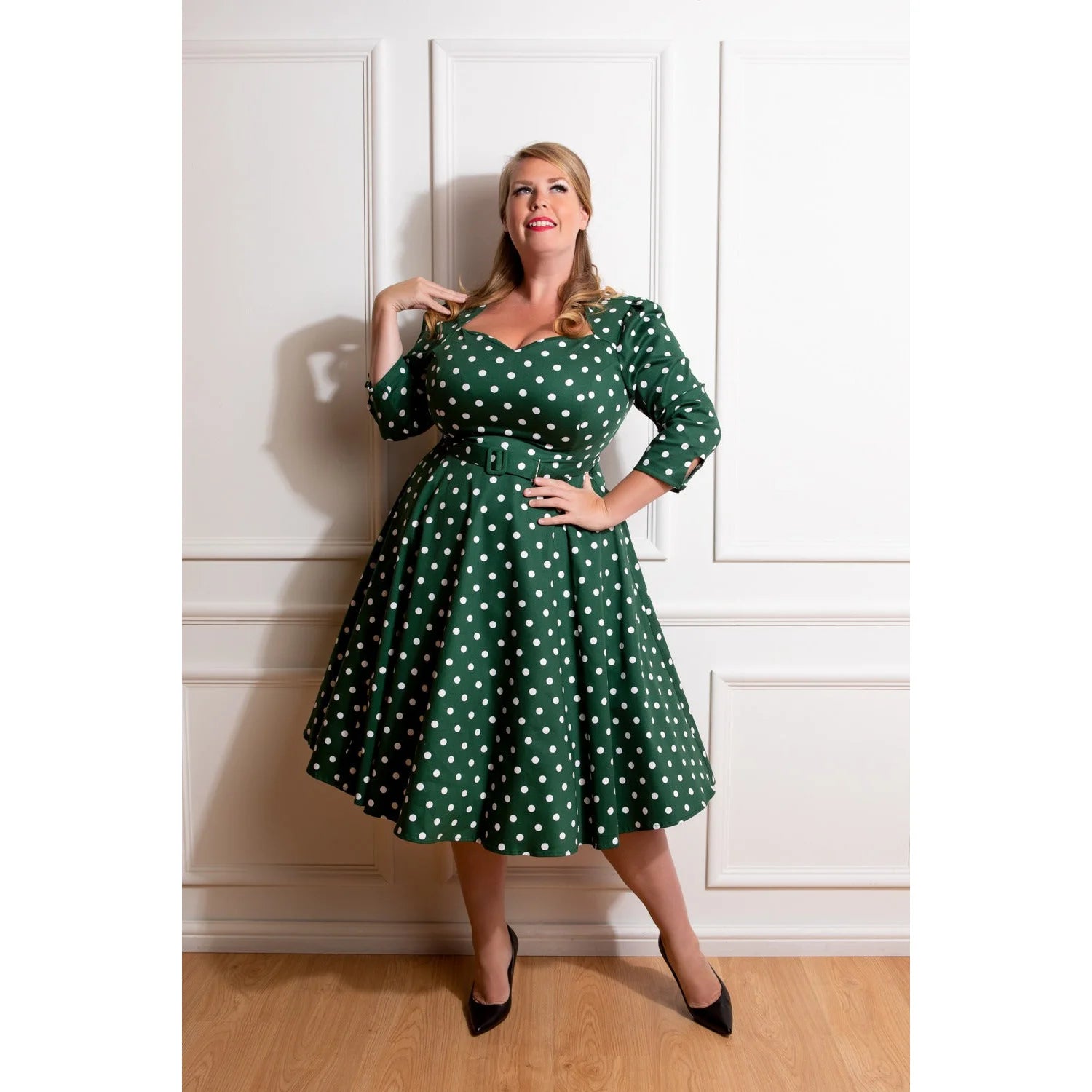 Green And White Polka Dot Vintage 50s 3/4 Sleeve Swing Dress  by