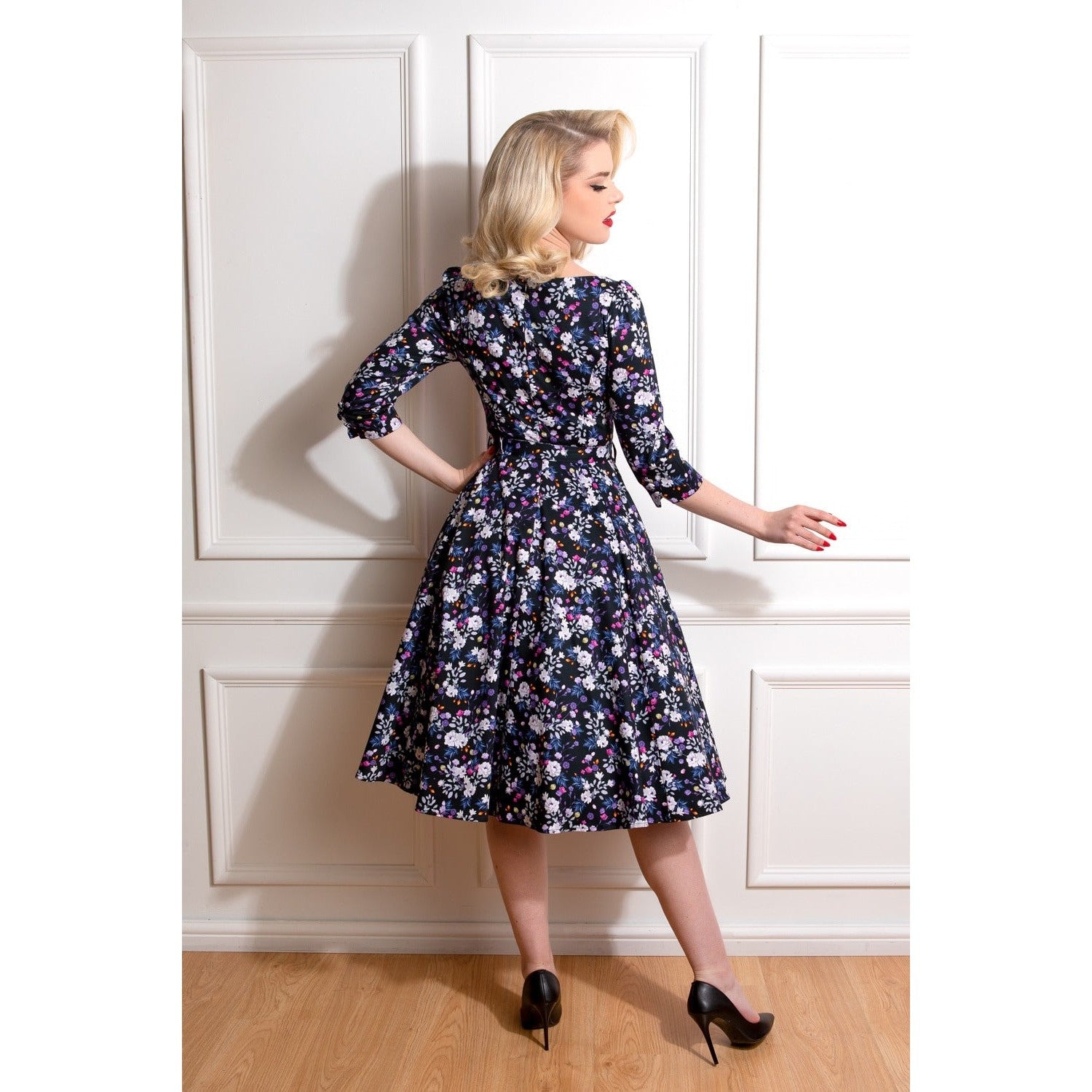 Black Multi Floral Print 3 4 Sleeve 50s Swing Dress