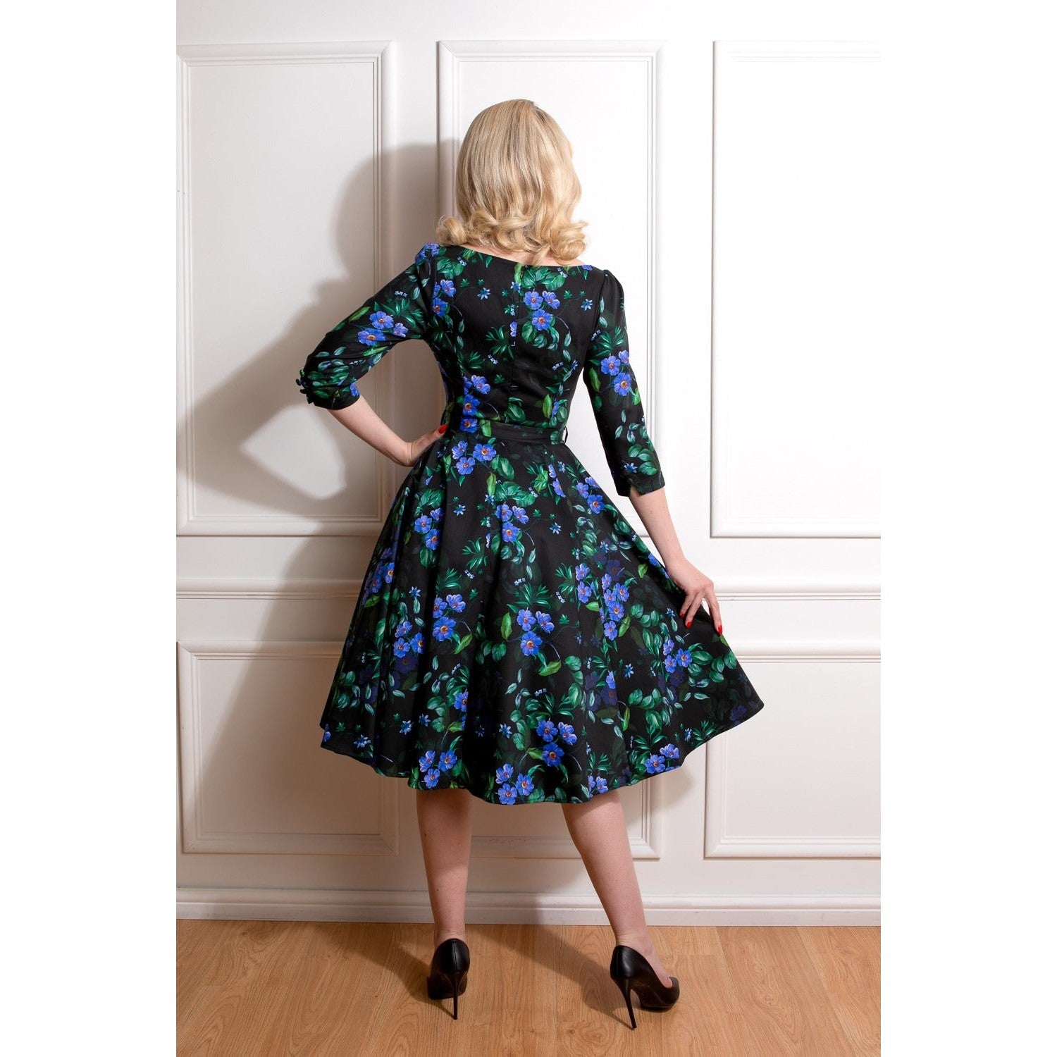 Black And Blue Floral Print 3/4 Sleeve 50s Swing Dress