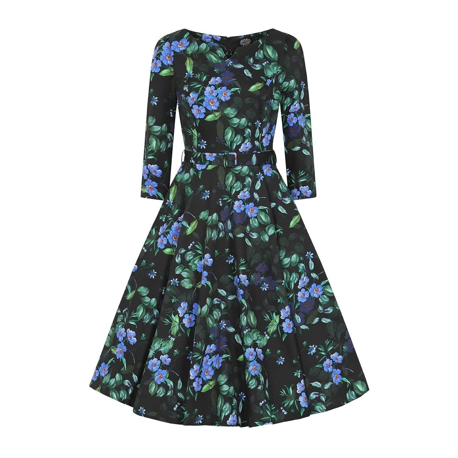 50s Floral Print shops Dress Black Blue Cotton Vintage L 38 32